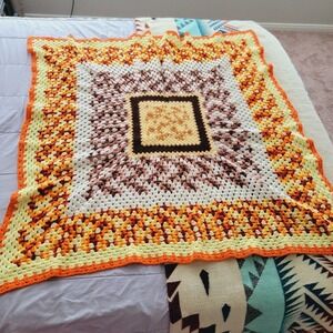 Sunflower‎ Afghan Crochet Blanket Yellow Brown Orange Handmade Minecruft